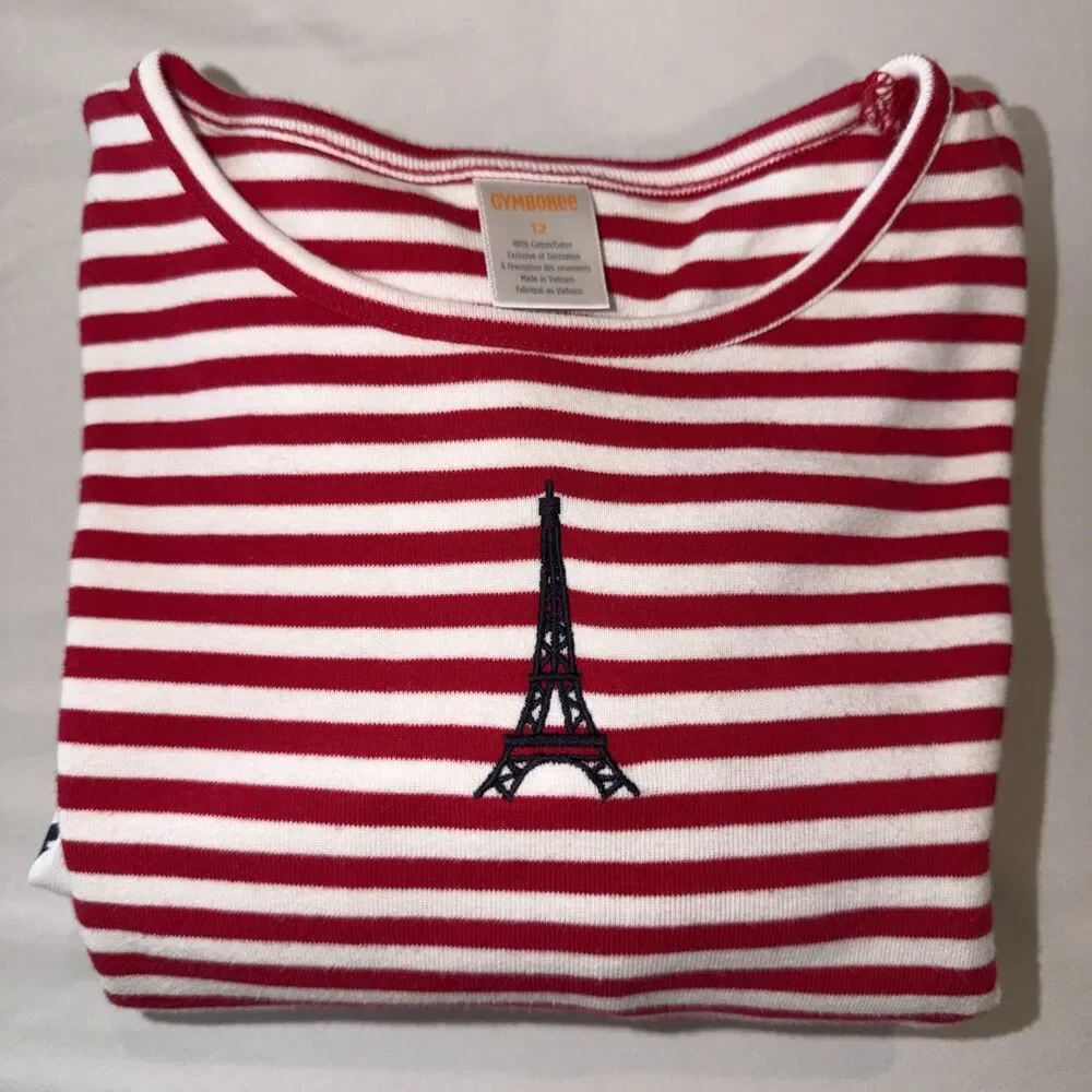 Gymboree Dress Girls Sz 12 Red Blue Fit & Flare Eiffel Tower Paris Frenchie